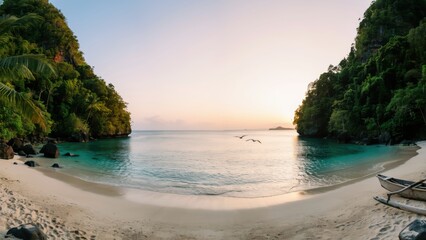 Obraz premium Breathtaking panoramic view of a tropical paradise beach at golden hour sunset