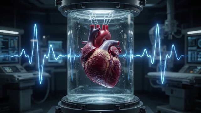 Human heart in a futuristic glass preservation chamber with heartbeat pulse line in high-tech laboratory