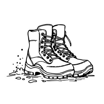 Hiking boots set with sketchbook style drawing of mud-splashed trail shoes on white background, featuring adventure theme, black ink illustration with minimalist and linework