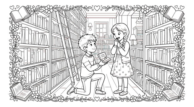 Romantic marriage proposal coloring page, boy proposing to girl in a library vector, black and white line art of a couple in a bookstore