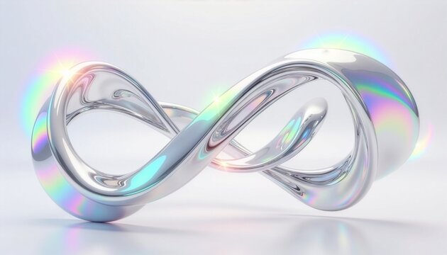 Modern 3D render of an infinity symbol made of twisted liquid chrome metal with vibrant holographic iridescent rainbow light and bright sparkles on a white backdrop
