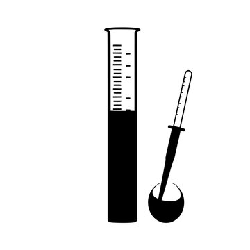 Graduated cylinder and pipette set with solid black silhouettes on bright white background featuring laboratory equipment, science tools, and precise edges with vectors and icons