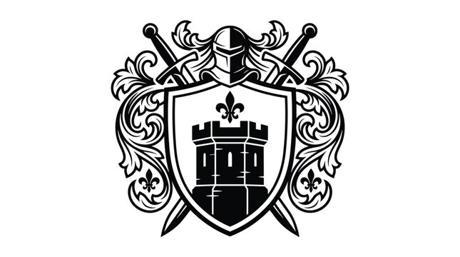Heraldic knight crest with shield tower and crossed swords.