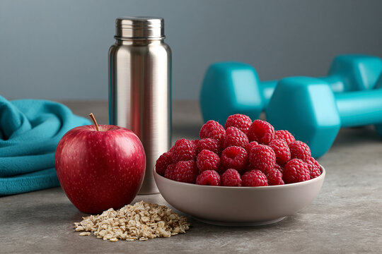 Healthy snacks on a table with workout equipment