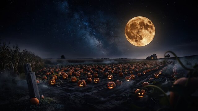 Spooky pumpkin field at night under a giant full moon