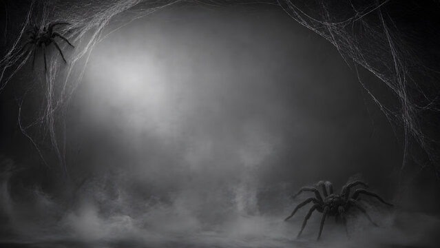 Tarantulas in dark cobweb room with fog