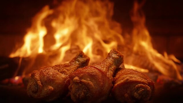 Three crispy fried chicken drumsticks with intense blazing fire in the background