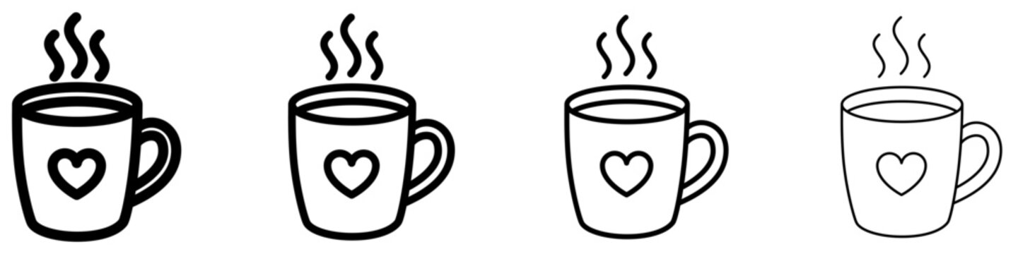 Steaming coffee mug line icon with heart. Vector illustration.