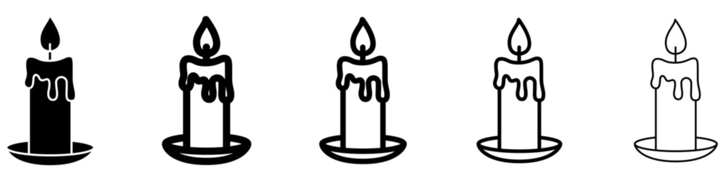 Candle flat icon set with melting wax and burning flame. Vector illustration.