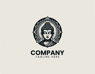 Obraz premium Peaceful Buddha portrait with decorative halo black vector logo illustration