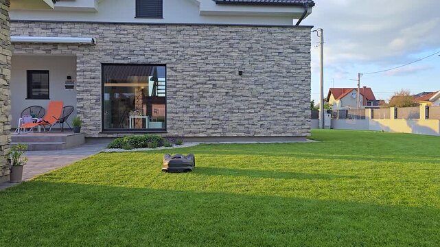 Automatic robotic lawn mower cutting vibrant green grass in a modern residential garden. Smart home technology and autonomous gardening equipment