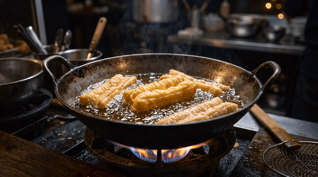 Frying Chinese cruller, Youtiao (油条), a long golden-brown deep-fried dough stick