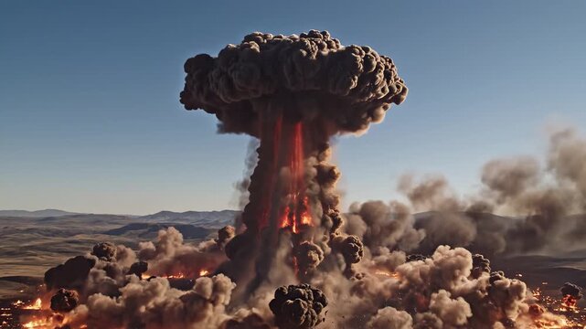 Explosive eruption of a large mushroom cloud rising above a devastated landscape with flames and smoke billowing from the ground in a dramatic display of destruction