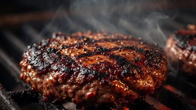 Juicy Beef Burger Patties Grilling on a Hot Barbecue with Smoke and Grill Marks
