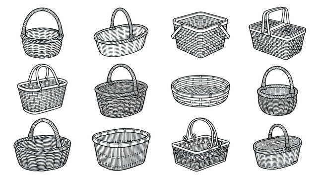 Vintage wicker basket set, hand drawn woodcut style picnic baskets, 12 woven rattan hamper icons for rustic storage and harvest branding