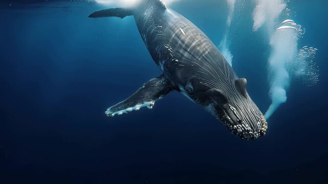 Majestic humpback whale gracefully swimming in deep blue ocean waters with sunlight filtering through