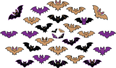 Fototapeta premium Whimsical bat collection a playful pattern of cartoon bats in purple black and beige