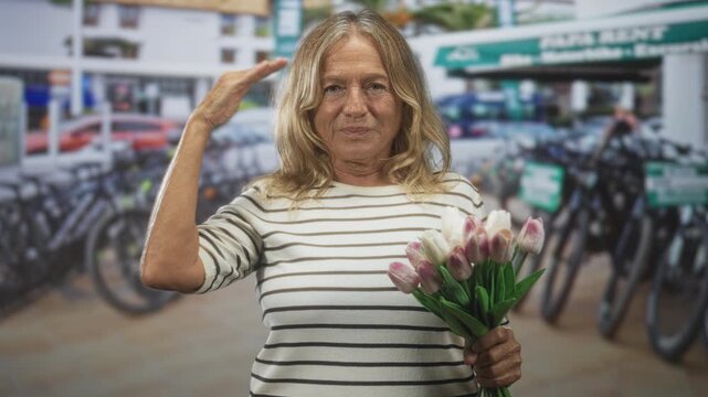 Senior woman holding tulips salutes on street by bike rental with rows of bicycles and a striped top; greeting celebration joy.