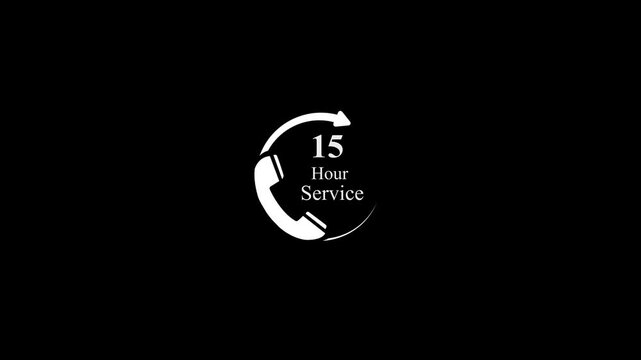 Minimalist 15 hour customer service and support animation icon on black background, loop rotation arrow with telephone receiver symbol motion graphic video.4K Animation Stock Video