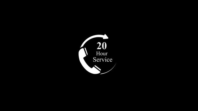 Minimalist 20 hour customer service and support animation icon on black background, loop rotation arrow with telephone receiver symbol motion graphic video.4K Animation Stock Video