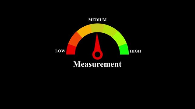 Animated measurement gauge speedometer reaching high performance level on black.