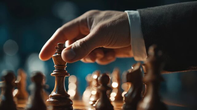 Closeup of a hand moving a chess piece on a wooden board during an intense strategic game