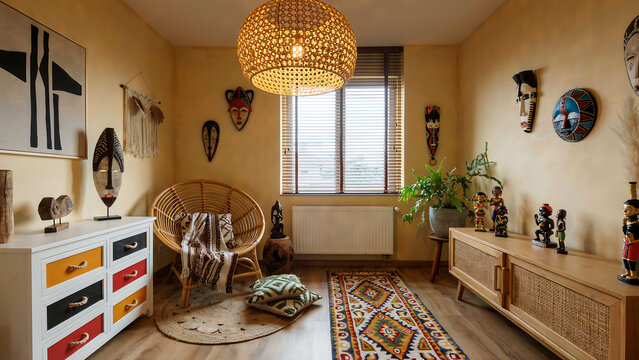 Ethnic bohemian room interior with tribal masks and rattan chair, interior