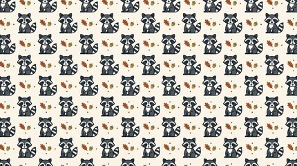 Fototapeta premium A charming and whimsical repeating pattern featuring adorable cartoon raccoons interspersed with small, scattered autumn leaves on a cream-colored background.