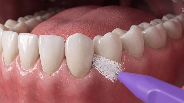 Interdental brush cleaning plaque between lower front teeth and gums