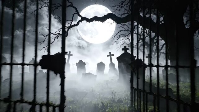 Eerie cemetery scene with wrought iron gates opening to reveal gravestones and a full moon illuminating a foggy landscape with twisted branches overhead