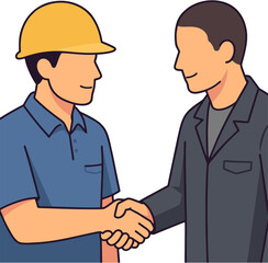 Obraz premium Construction worker and business professional shaking hands for partnership agreement vector illustration