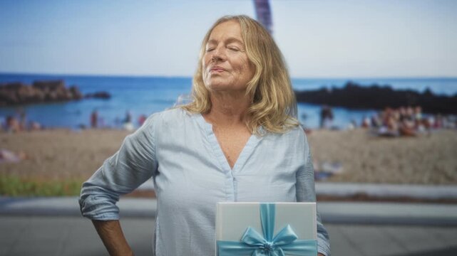 Senior blonde woman holding a gift box tied with pale blue ribbon, hand on hip and looking upward at beach promenade with palm tree; confidence celebration gratitude.