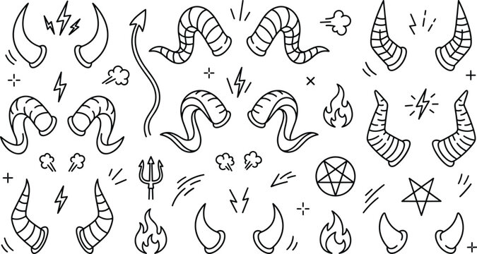 Hand Drawn Devil Horns Doodle Vector Set with Demon, Ram, Monster, Pentagram, Flame, and Trident Elements for Halloween Graphic Designs