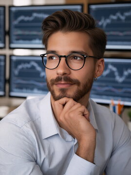 Intense Financial Trader Analyzing Stock Market Trends on Dual Monitors in Sleek Office Environment, Exuding Focus and Strategic Thinking
