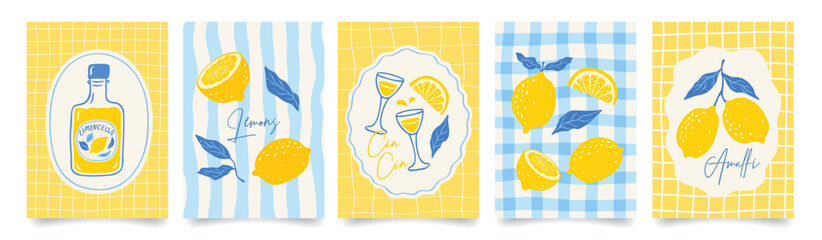 Fototapeta na wymiar Set of citrus fruits italian posters. Amalfi. Summer mediterranean print with hand drawn yellow lemon and blue leaves. Vacation in Italy. Vector design for card, banner, kitchen, menu, cover.