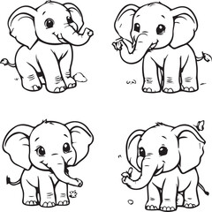 Obraz premium Cute baby elephant coloring page set, 4 cartoon elephant character vectors, black and white outline illustrations for kids activity books