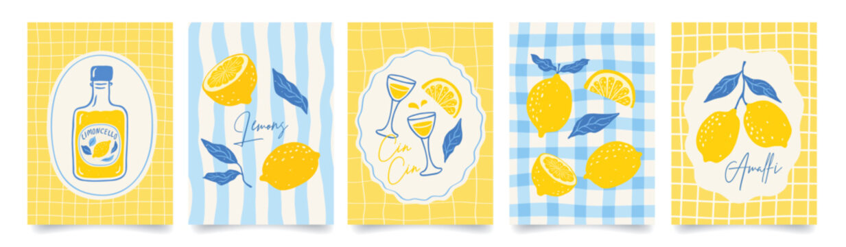 Set of citrus fruits italian posters. Amalfi. Summer mediterranean print with hand drawn yellow lemon and blue leaves. Vacation in Italy. Vector design for card, banner, kitchen, menu, cover.