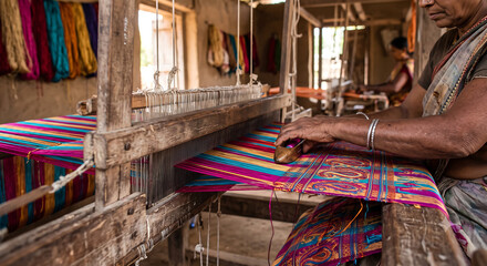 Obraz premium Skilled craftsman weaving vibrant fabric on traditional loom with colorful threads and yarns in a workshop setting with wooden equipment.