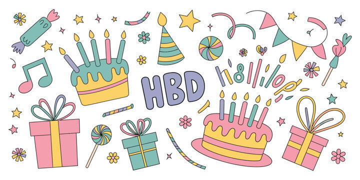 Birthday Celebration Doodle Elements Featuring Hand-Drawn Pastel Party Icons, Gift Boxes, Birthday Cakes, Party Hats, Confetti, and HBD Text