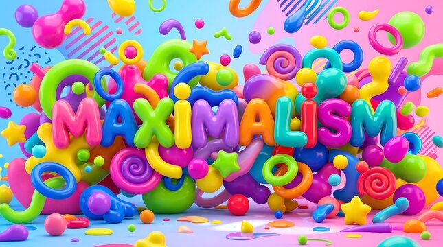 Maximalism 3d word lettering with glossy geometric shapes spheres toruses and stars over vibrant colorful backdrop representing creative expression