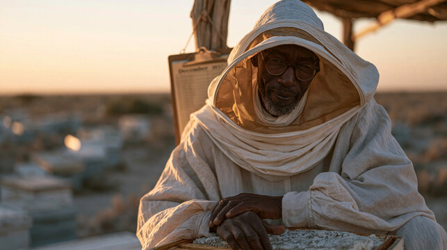 A Kenyan beekeeper inspecting winter colony frames in an apiary at golden hour, protective veil catching warm amber light, December harvest records on a clipboard hanging from a