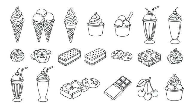 Minimalist ice cream line art icons, 21 dessert vector elements, black and white sweet treats set for coloring books and cafe menus