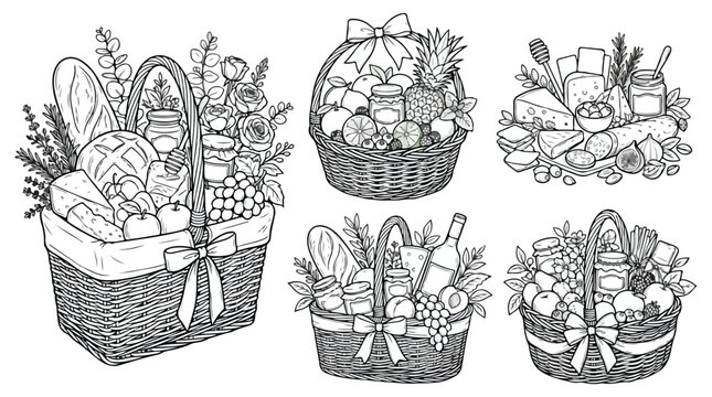 Hand drawn picnic basket vector set, rustic gift hamper illustrations with gourmet food and wine, vintage line art food baskets for coloring
