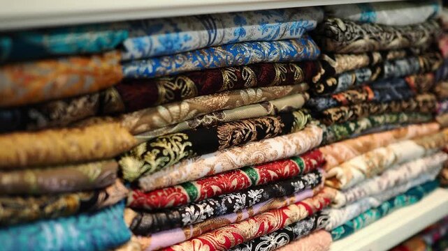 Store displays various fabric colors and patterns