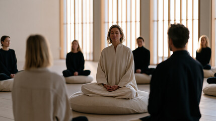 Fototapeta premium Life coach leading a year-end reflection group session in a minimal rented hall, participants seated in a circle on cushions, winter afternoon light low through tall windows, no