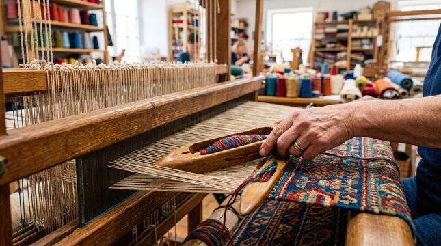 Close up of an artisan hand holding a wooden shuttle on a weaving loom. Intricate traditional pattern textile in progress. Weaving workshop background