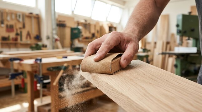Hand sanding a wooden plank with a sanding block in a workshop. Close up of carpenter smoothing wood surface with flying dust. Woodworking craft