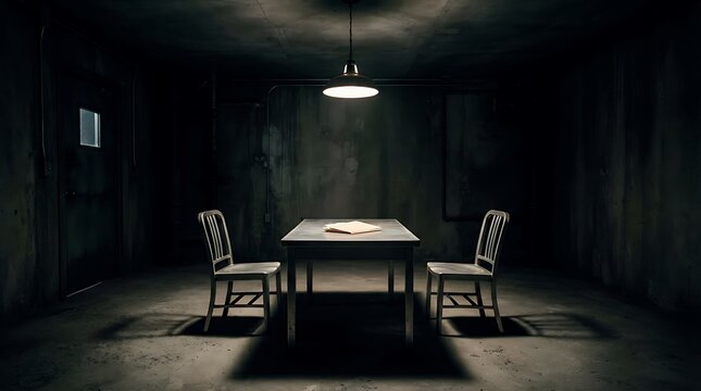 Empty conference table in dimly lit boardroom. Dark meeting room with wooden furniture and overhead lighting for corporate presentations.