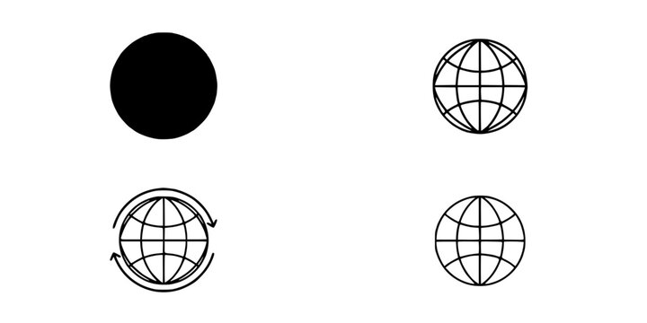 Globe Icons Arranged in a 2x2 Grid, Each with a Different Design and Rotation Featuring Icon, Illustration, Vector with Symbol
