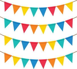 Obraz premium Isolated colorful bunting flags hanging on ropes, perfect for party decoration, festive birthday celebration and carnival event decoration elements